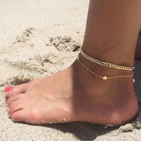 Jewelry - Boho Layered Gold Star & Chain Beach Anklet Set